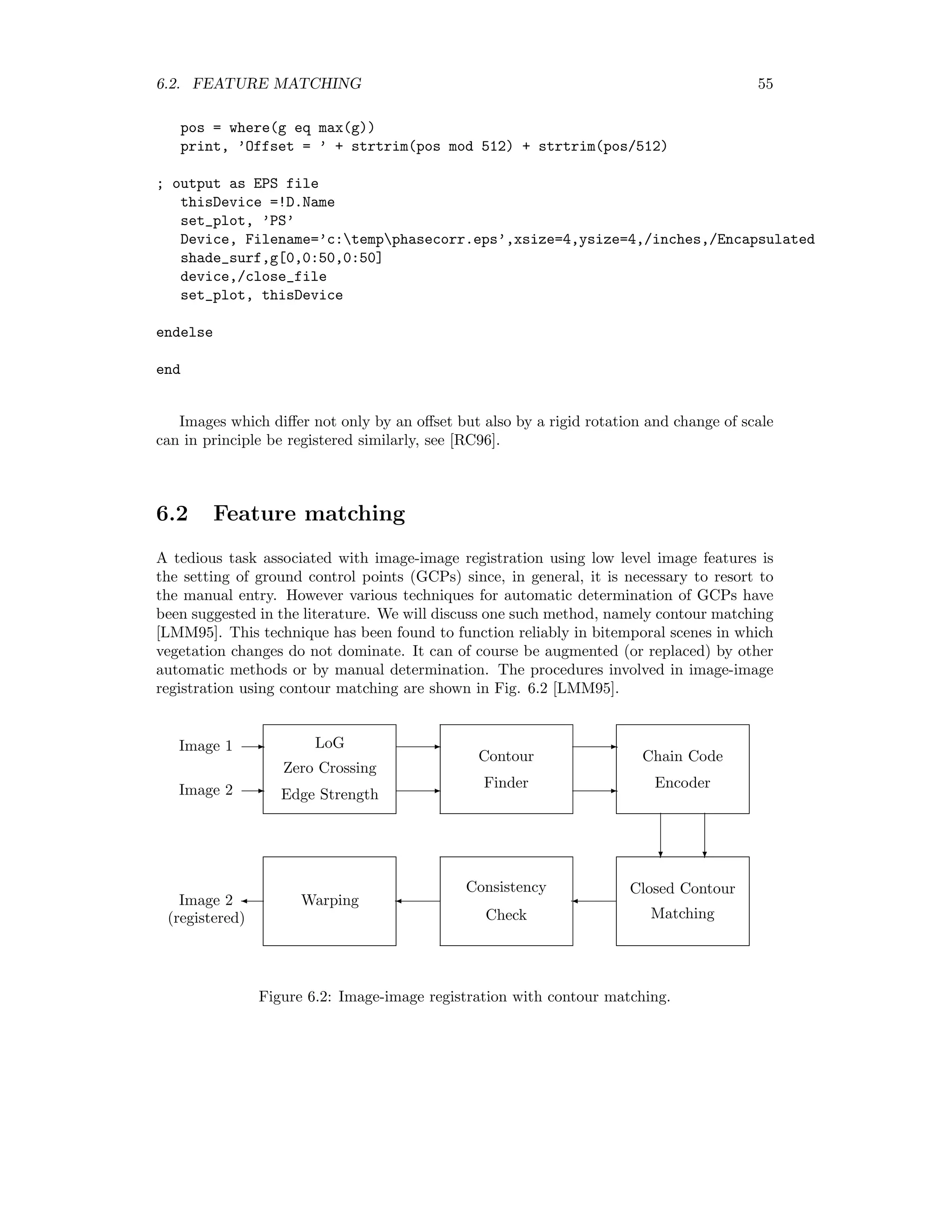 6.2. FEATURE MATCHING 55 pos = where(g eq max(g)) print, ’Offset = ’ + strtrim(pos mod 512) + strtrim(pos/512) ; output as EPS file thisDevice =!D.Name set_plot, ’PS’ Device, Filename=’c:tempphasecorr.eps’,xsize=4,ysize=4,/inches,/Encapsulated shade_surf,g[0,0:50,0:50] device,/close_file set_plot, thisDevice endelse end Images which diﬀer not only by an oﬀset but also by a rigid rotation and change of scale can in principle be registered similarly, see [RC96]. 6.2 Feature matching A tedious task associated with image-image registration using low level image features is the setting of ground control points (GCPs) since, in general, it is necessary to resort to the manual entry. However various techniques for automatic determination of GCPs have been suggested in the literature. We will discuss one such method, namely contour matching [LMM95]. This technique has been found to function reliably in bitemporal scenes in which vegetation changes do not dominate. It can of course be augmented (or replaced) by other automatic methods or by manual determination. The procedures involved in image-image registration using contour matching are shown in Fig. 6.2 [LMM95]. LoG Zero Crossing Edge Strength Contour Finder Chain Code Encoder Closed Contour Matching Consistency Check Warping E E E E E E cc ''' Image 1 Image 2 Image 2 (registered) Figure 6.2: Image-image registration with contour matching. 