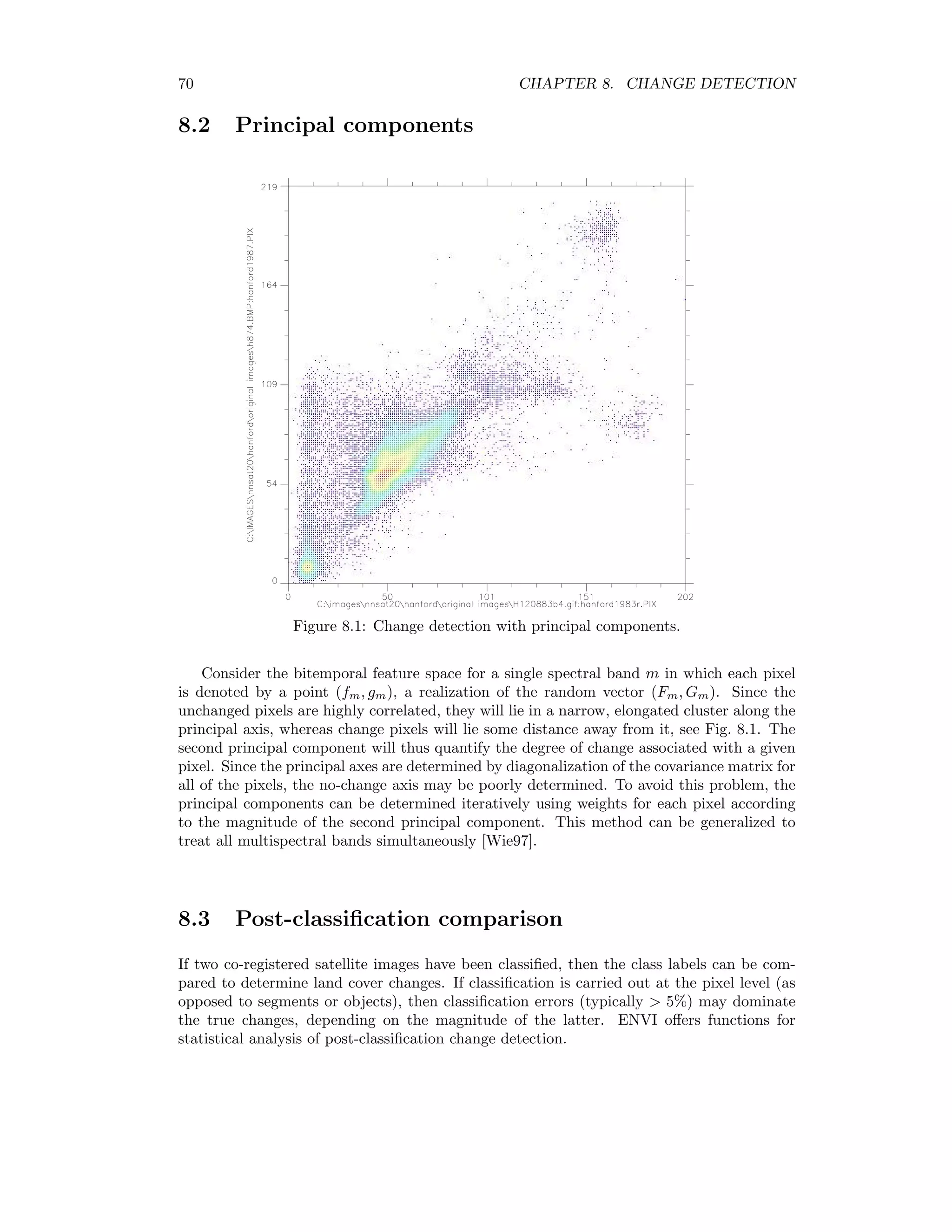 ↓ E E E E E E E E E E E E E E E E gk(i, j) gk+1(i, j) CH k+1(i, j) CV k+1(i, j) CD k+1(i, j) Columns Rows Figure 7.2: Wavelet ﬁlter bank. H is a low-pass and G a high-pass ﬁlter derived from the coeﬃcients of the wavelet transformation. The symbol ↓ indicates downsampling by a factor of 2. The original image gk(i, j) can be reconstructed by inverting the ﬁlter. A single application of the ﬁlter corresponding to the Daubechies D4 wavelet to a satellite image g1(i, j) (1m resolution) is shown in Figure B.12. The high frequency information (wavelet coeﬃcients) is stored in the arrays CH 2 , CV 2 and CD 2 and displayed in the upper right, lower left and lower right quadrants, respectively. The original image with its resolution degraded by a factor two, g2(i, j), is in the upper left quadrant. Applying the ﬁlter bank iteratively to the upper left quadrant yields a further reduction by a factor of 2. The fusion procedure for IKONOS or QuickBird imagery for instance, in which the resolutions of panchromatic and the 4 multispectral components diﬀer exactly by a factor of 4, is then as follows: Both the degraded panchromatic image and the four multispectral images are compressed once again (e.g. to 8m resolution in the case of IKONOS) and the high frequency components Cz 4 , z = H, V, D, are sampled to estimate the correction coeﬃcients az = σz ms/σz pan bz = mz ms − az mz pan, (7.2) where mz and σz denote mean and standard deviation, respectively. These coeﬃcients are then used to normalize the wavelet coeﬃcients for the panchromatic image to those of the multispectral image: Cz i (i, j) → az Cz i (i, j) + bz , z = H, V, D, i = 2, 3. (7.3) 