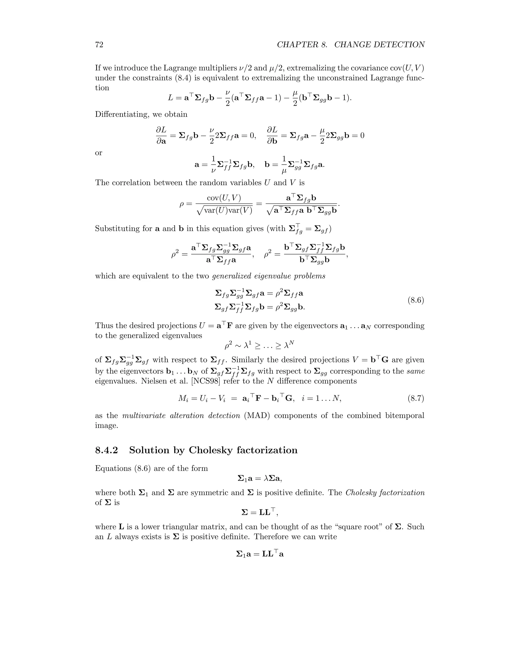 66 CHAPTER 7. IMAGE SHARPENING here is the cubic B-spline ﬁlter H = {1/16, 1/4, 3/8, 1/4, 1/16}. The transformation is highly redundant and requires considerably more computer storage to implement. However when used for image sharpening it is much less sensitive to mis- alignment between the multispectral and panchromatic images. Figure 7.3: Artifacts due to lack of translational invariance of the DWT. Figure 7.4 outlines the scheme implemented in the ENVI plug-in for ATWT panchromatic sharpening. The MS band is nearest-neighbor upsampled by a factor of 2 to match the dimensions of the high resolution band. The `a trous transformation is applied to both bands (columns and rows are ﬁltered with the upsampled cubic spline ﬁlter, with the diﬀerence determining the high-pass result). The high frequency component of the pan image is normalized to that of the MS image in the same way as for DWT sharpening, equations (7.2) and (7.3). Then the low frequency pan component is replaced by the ﬁltered MS image and the transformation inverted. An ENVI plug-in for ATWT sharpening is described in Appendix D.4.2. 7.5 Quality indices Wang and Bovik [WB02] suggest the following measure of radiometric ﬁdelity between two image bands f and g: 