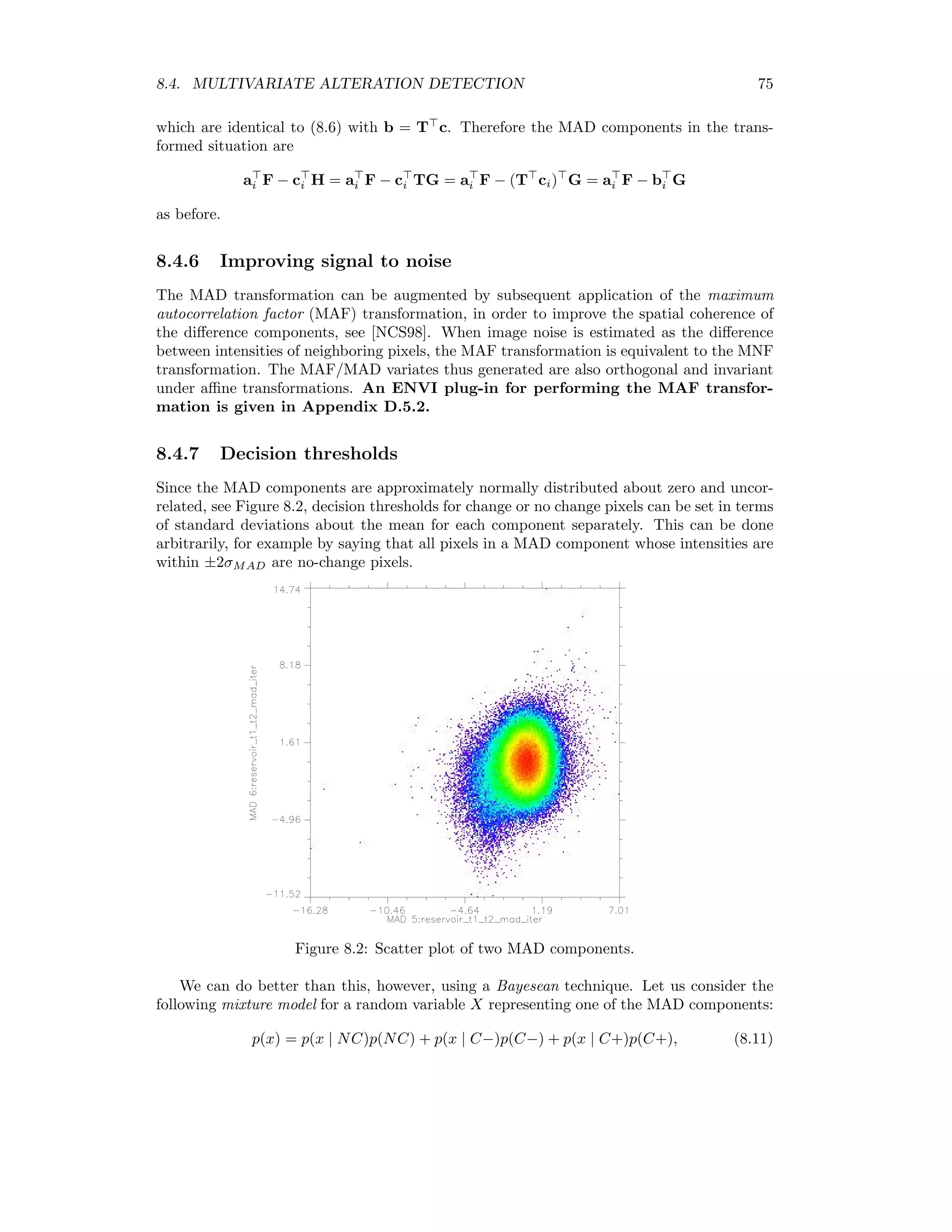 68 CHAPTER 7. IMAGE SHARPENING Q = σfg σf σg · 2 ¯f¯g ¯f2 + ¯g2 · 2σf σg σ2 f + σ2 g = 4σfg ¯f¯g ( ¯f2 + ¯g2)(σ2 f + σ2 g) (7.4) where ¯f and σf are mean and variance of band f and σfg is the covariance of the two bands. This ﬁrst term in (7.4) is seen to be the correlation coeﬃcient between the two images, with values in [−1, 1], the second term compares their average brightness, with values in [0, 1] and the third term compares their contrasts, also in [0, 1]. Thus perfect radiometric correspondence would give a value Q = 1. Since image quality is usually not spatially invariant, it is usual to compute Q in, say, M sliding windows and then average over all such windows: Q = 1 M M j=1 Qj. An ENVI plug-in for determining the quality index for pansharpened images is given in Appendix D.4.3. Figure 7.5 shows a comparison of three image sharpening methods applied to a QuickBird image, namely the Gram-Schmidt, ATWT and DWT transformations. The latter is by far the best, but spatial artifacts are apparent. 