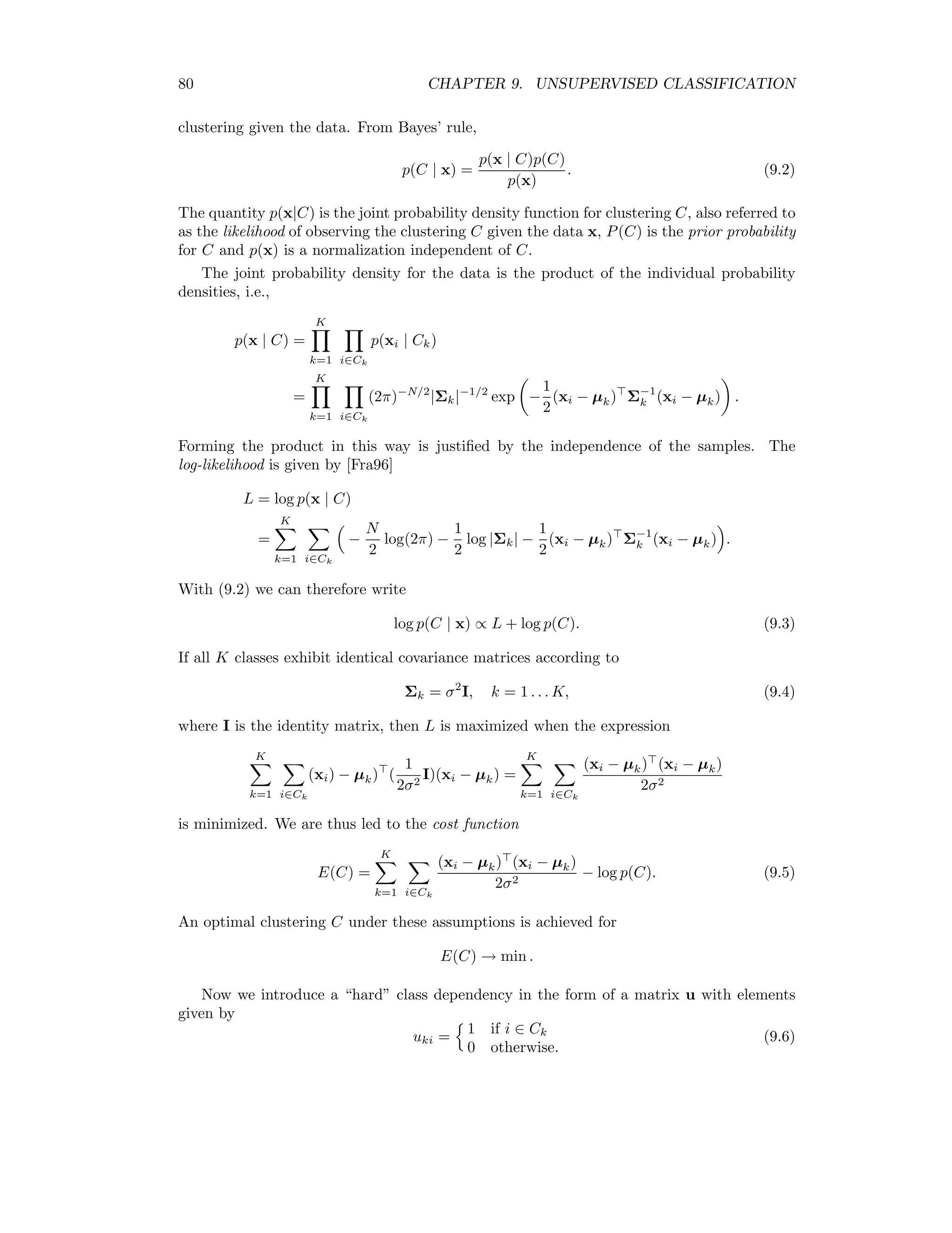 8.4. MULTIVARIATE ALTERATION DETECTION 73 or, equivalently, L−1 Σ1(L )−1 L a = λL a or, with d = L a and commutivity of inverse and transpose, [L−1 Σ1(L−1 ) ]d = λd, a standard eigenproblem for a real, symmetric matrix L−1 Σ1(L−1 ) . Let the (orthogonal) eigenvectors be di. We have 0 = di dj = ai LL aj = ai Σaj, i = j. (8.8) 8.4.3 Properties of the MAD components We have, from (8.4) and (8.8), for the eigenvectors ai and bi, ai Σff aj = bi Σggbj = δij. Furthermore bi = 1 √ λi Σ−1 gg Σgf ai, i.e. substituting this into the LHS of the second equation in (8.6): Σgf Σ−1 ff Σfg 1 √ λi Σ−1 gg Σgf ai = Σgf Σ−1 ff 1 √ λi λiΣff ai = Σgf λiai = λiΣggbi, as required. It follows that ai Σfgbj = ai 1 λj ΣfgΣ−1 gg Σgf aj = λj ai Σff ai = λj δij, and similarly for bi Σgf aj. Thus the covariances of the MAD components are given by cov(Ui − Vi, Uj − Vj) = cov(ai F − bi G, aj F − bj G) = 2δij(1 − λj). The MAD components are therefore orthogonal (uncorrelated) with variances var(Ui − Vi) = σ2 MADi = 2(1 − λi). (8.9) The transformation corresponding to the smallest eigenvalue, namely (aN , bN ), will thus give maximal variance for the diﬀerence U − V . We can derive change probabilities from a MAD image as follows. The sum of the squares of the standardized MAD components for no-change pixels, given by Z = MAD1 σMAD1 2 + . . . + MADN σMADN 2 , is approximately chi-square distributed with N degrees of freedom, i.e., Pr(Z ≤ z) = ΓP (N/2, z/2). For a given measured value z for some pixel, the probability that Z could be that large or larger, given that the pixel is no-change, is 1 − ΓP (N/2, z/2). 