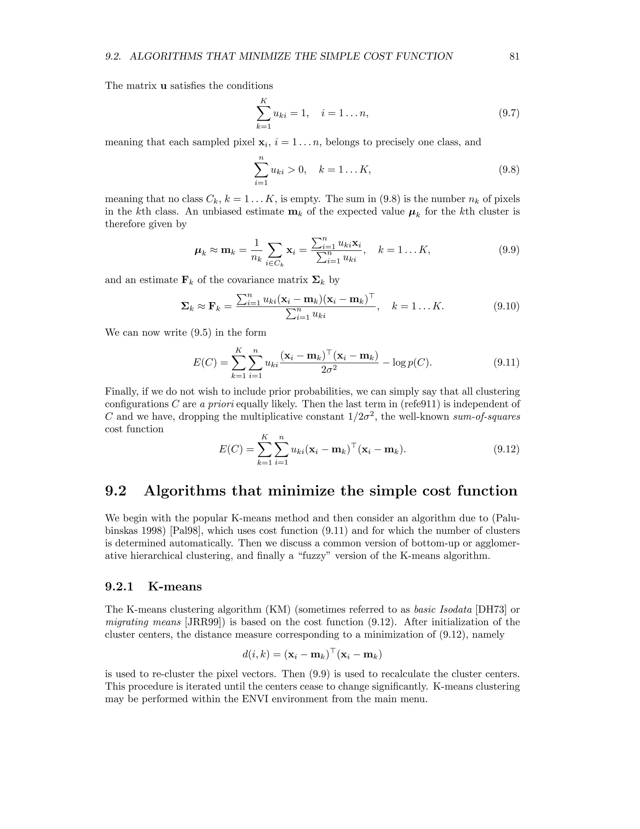74 CHAPTER 8. CHANGE DETECTION The probability that the pixel is a change pixel is therefore the complement of this, Pchange(z) = 1 − (1 − ΓP (N/2, z/2)) = ΓP (N/2, z/2). (8.10) This quantity can be plotted for example as a gray scale image to show the regions of change. The last MAD component has maximum spread in its pixel intensities and, ideally, maximum change information. However, depending on the type of change one is looking for, the other components may also be extremely useful. The second-to-last image has maximum spread subject to the condition that the pixel intensities are statistically uncorrelated with those in the ﬁrst image, and so on. Since interesting anthropomorphic changes will generally be uncorrelated with dominating seasonal vegetation changes or stochastic image noise, it is quite common that such changes will be concentrated in higher order components. This in fact is one of the nicest aspects of the method – it sorts diﬀerent categories of change into diﬀerent image components. Therefore we can also perform change vector analysis on the MAD change vector. An ENVI plug-in for MAD is given in Appendix D.5.1. 8.4.4 Covariance of MAD variates with original observations With (8.7) and A = (ai . . . aN ), B = (bi . . . bN ) FM = F(A F − B G) = Σff A − ΣfgB GM = G(A F − B G) = Σgf A − ΣggB. 8.4.5 Scale invariance An additional advantage of the MAD procedure stems from the fact that the calculations involved are invariant under linear transformations of the original image intensities. This implies that the method is insensitive to diﬀerences in atmospheric conditions or sensor calibrations at the two acquisition times. We can see this as follows. Suppose the second image G is transformed according to some linear transformation T, H = TG. The relevant covariance matrices for (8.6) are then Σfg = FH = ΣfgT Σgf = HF = TΣgf Σff = Σff Σgg = HH = TΣggT . The eigenproblems are therefore ΣfgT (TΣggT )−1 TΣgf a = ρ2 Σff a TΣgf Σ−1 ff ΣfgT c = ρ2 TΣggT c, where c is the desired projection for H. These are equivalent to ΣfgΣ−1 gg Σgf a = ρ2 Σff a Σgf Σ−1 ff Σfg(T c) = ρ2 Σgg(T c), 