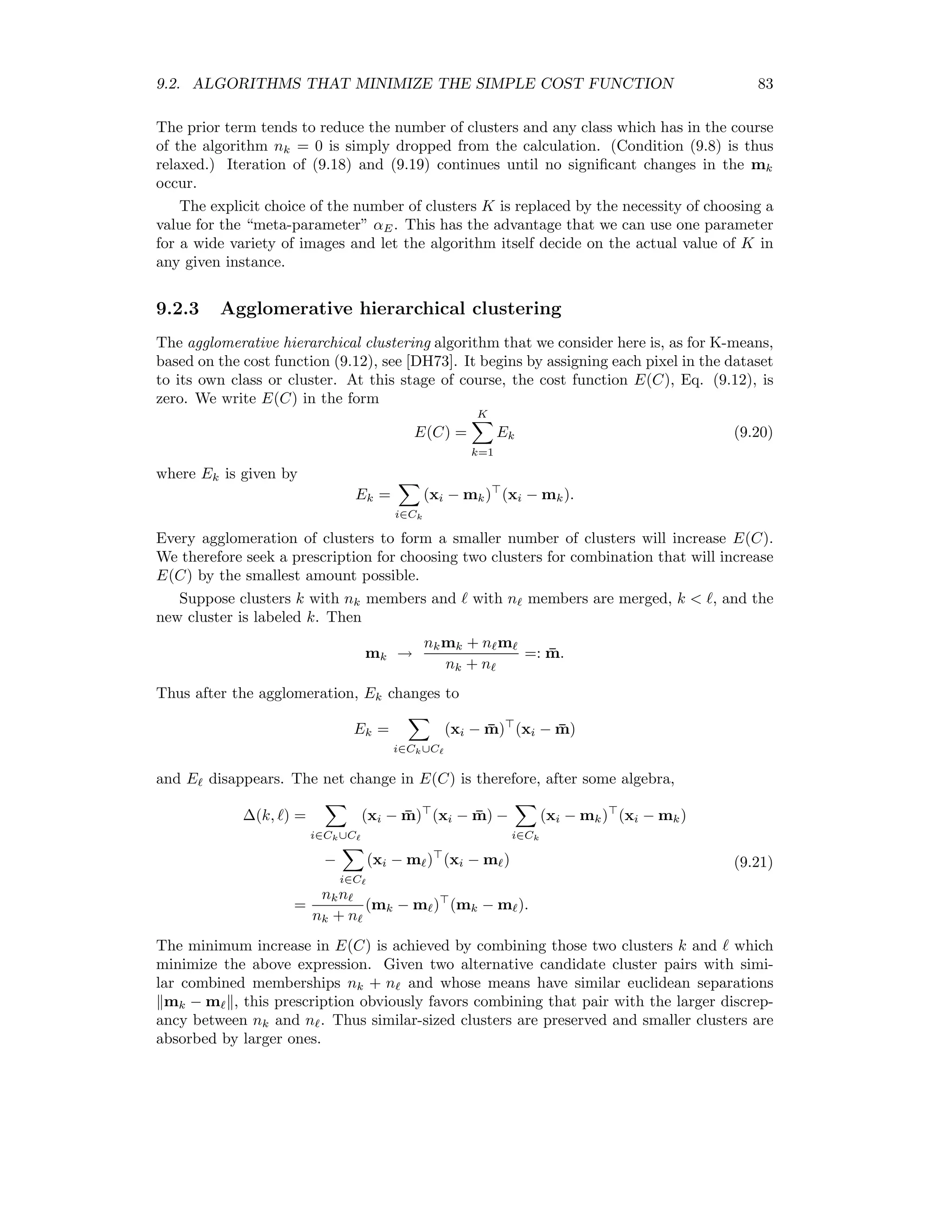 76 CHAPTER 8. CHANGE DETECTION Figure 8.3: Probability mixture model for MAD components. where C+, C− and NC denote positive change, negative change and no change, respectively, see Fig. 8.3. The set of measurements S = {xi} may be grouped into four disjoint sets: SNC, SC−, SC+, SU = SSNC ∪ SC− ∪ SC+, with SU denoting the set of ambiguous pixels.1 From the sample mean and sample variance, we estimate initially the moments for the distribution of no-change pixels: µNC = 1 |SNC| · i∈SNC xi, (σNC)2 = 1 |SNC| · i∈SNC (xi − µNC)2 (|S| denotes set cardinality) and similarly for C− and C+. Bruzzone and Prieto [BP00] suggest improving these estimates by using the pixels in SU and applying the so-called EM algorithm (see [Bis95] for a good explanation): µNC = i∈S p(NC | xi)xi / i∈S p(NC | xi) (σNC)2 = i∈S p(NC | xi)(xi − µNC)2 / i∈S p(NC | xi) p (NC) = 1 |S| · i∈S p(NC | xi) , (8.12) where p(NC | xi) is the a posteriori probability for a no-change pixel conditional on mea- surement xi. We have the following rules for determining p(NC | xi): 1. i ∈ SNC : p(NC | xi) = 1 2. i ∈ SC± : p(NC | xi) = 0 1The symbols ∪ and denote set union and set diﬀerence, respectively. These sets can be determined in practice by setting generous, scene-independent thresholds for change and no-change pixel intensities, see [BP00]. 