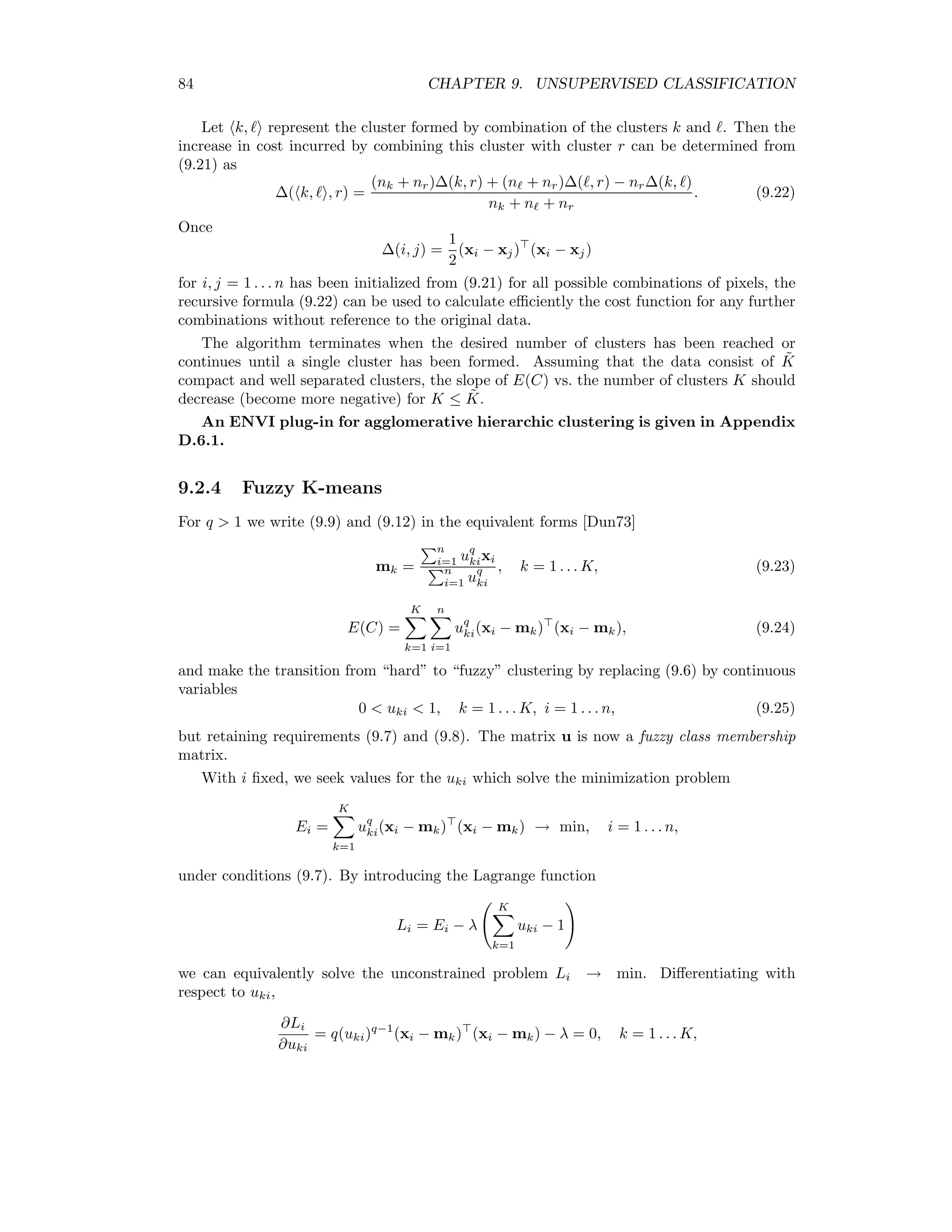 8.5. RADIOMETRIC NORMALIZATION 77 3. i ∈ SU : p(NC | xi) = p(xi | NC)p(NC)/p(xi) (Bayes’ rule), where p(xi | NC) = 1 √ 2πσNC · exp −(xi − µNC)2 2σ2 NC and p(xi) = p(xi | NC)p(NC) + p(xi | C−)p(C−) + p(xi | C+)p(C+). Substituting into (8.12) we obtain the set of equations µNC = i∈SU p(NC | xi)xi + i∈SNC xi i∈SU p(NC | xi) + |SNC| (σNC)2 = i∈SU p(NC | xi)(xi − µNC)2 + i∈SNC (xi − µNC)2 i∈SU p(NC | xi) + |SNC| p (NC) = 1 |S| i∈SU p(NC | xi) + |SNC| , which can be iterated numerically to improve the initial estimates of the distributions. One can then determine e.g. the upper change threshold as the appropriate solution of p(x | NC)p(NC) = p(x | C+)p(C+). Taking logarithms, 1 2σ2 C+ (x − µC+)2 − 1 2σ2 NC (x − µNC)2 = log σNC σC+ · p(C+) P(NC) =: A with solutions x = µC+σ2 NC − µNCσ2 C+ ± σNCσC+ (µNC − µC+)2 + 2A(σ2 NC − σ2 C+) σ2 NC − σ2 C+ . A corresponding expression obtains for the lower threshold. In the next chapter we will extend this method to discriminate clusters of change and no change pixels. An ENVI GUI for determining change thresholds is given in Appendix D.6.6. 8.5 Radiometric normalization Radiometric normalization of satellite imagery requires, among other things, an atmospheric correction algorithm and the associated atmospheric properties at the times of image acqui- sition. For most historical satellite scenes such data are not available and even for planned acquisitions they may be diﬃcult to obtain. A relative normalization based on the radiomet- ric information intrinsic to the images themselves is an alternative whenever absolute surface radiances are not required, for example in change detection applications or for supervised land cover classiﬁcation. One usually proceeds under the assumption that the relationship between the at-sensor radiances recorded at two diﬀerent times from regions of constant reﬂectance is spatially 