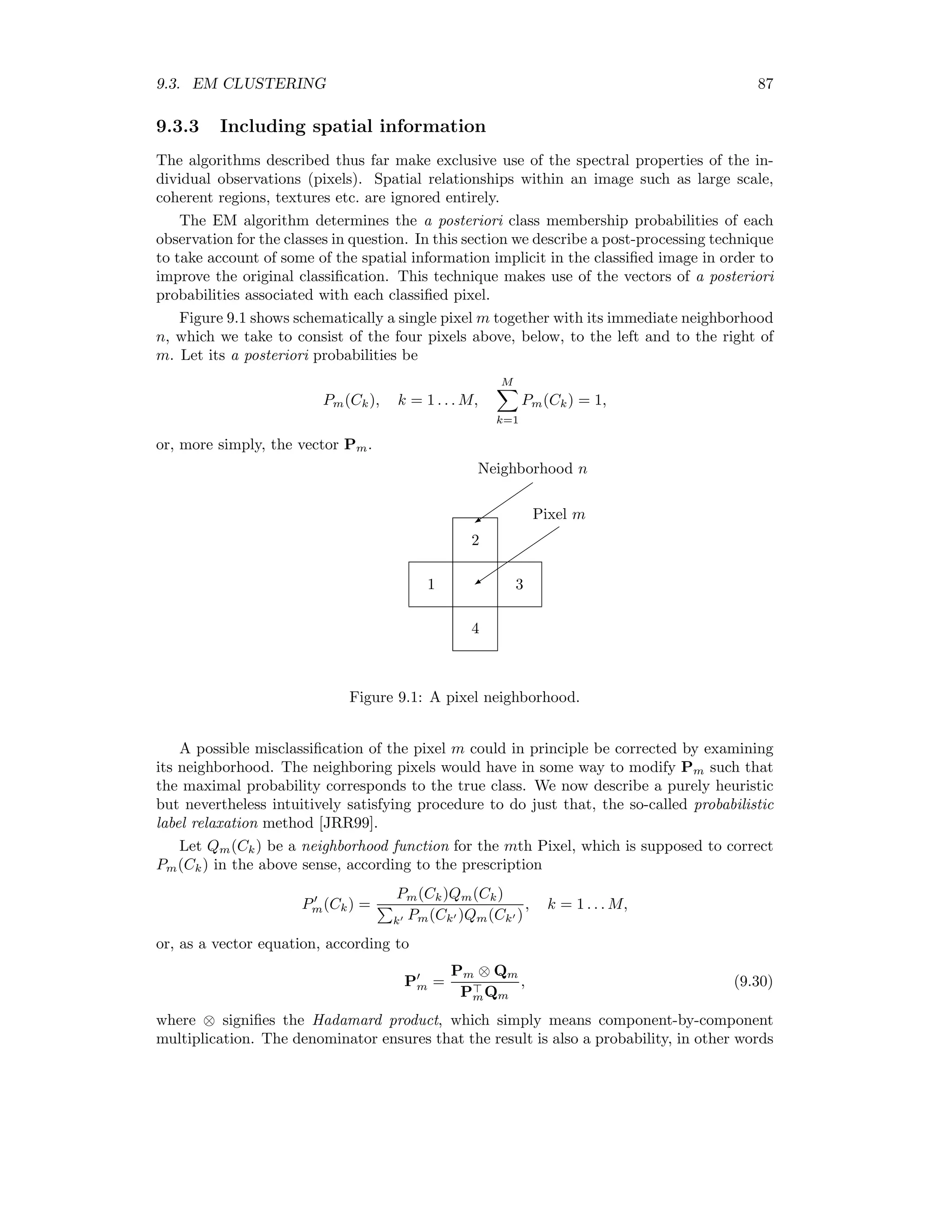 80 CHAPTER 9. UNSUPERVISED CLASSIFICATION clustering given the data. From Bayes’ rule, p(C | x) = p(x | C)p(C) p(x) . (9.2) The quantity p(x|C) is the joint probability density function for clustering C, also referred to as the likelihood of observing the clustering C given the data x, P(C) is the prior probability for C and p(x) is a normalization independent of C. The joint probability density for the data is the product of the individual probability densities, i.e., p(x | C) = K k=1 i∈Ck p(xi | Ck) = K k=1 i∈Ck (2π)−N/2 |Σk|−1/2 exp − 1 2 (xi − µk) Σ−1 k (xi − µk) . Forming the product in this way is justiﬁed by the independence of the samples. The log-likelihood is given by [Fra96] L = log p(x | C) = K k=1 i∈Ck − N 2 log(2π) − 1 2 log |Σk| − 1 2 (xi − µk) Σ−1 k (xi − µk) . With (9.2) we can therefore write log p(C | x) ∝ L + log p(C). (9.3) If all K classes exhibit identical covariance matrices according to Σk = σ2 I, k = 1 . . . K, (9.4) where I is the identity matrix, then L is maximized when the expression K k=1 i∈Ck (xi) − µk) ( 1 2σ2 I)(xi − µk) = K k=1 i∈Ck (xi − µk) (xi − µk) 2σ2 is minimized. We are thus led to the cost function E(C) = K k=1 i∈Ck (xi − µk) (xi − µk) 2σ2 − log p(C). (9.5) An optimal clustering C under these assumptions is achieved for E(C) → min . Now we introduce a “hard” class dependency in the form of a matrix u with elements given by uki = 1 if i ∈ Ck 0 otherwise. (9.6) 
