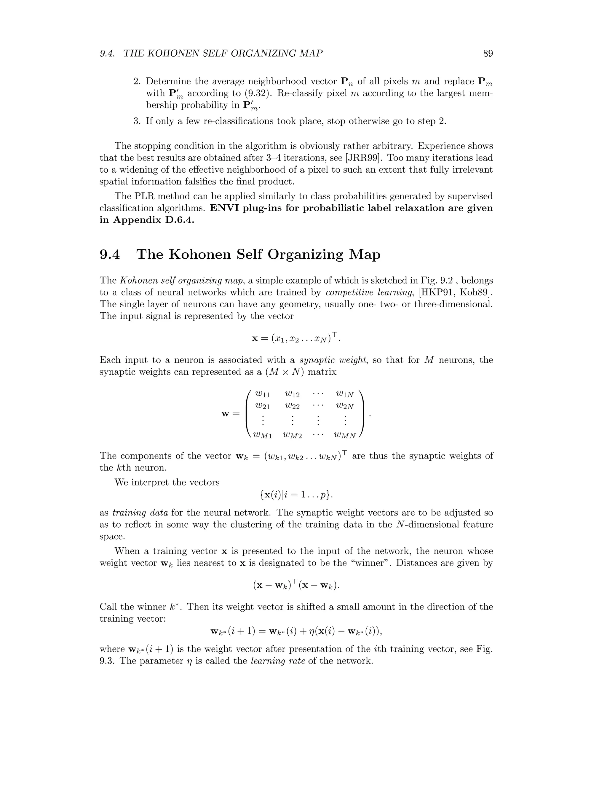 82 CHAPTER 9. UNSUPERVISED CLASSIFICATION 9.2.2 Extended K-means Denote by pk = p(Ck) the prior probability for cluster k. The entropy S associated with this prior distribution is S = − K k=1 pk log pk. (9.13) Distributions with high entropy are those for which the pi are all similar, that is, the pixels are distributed evenly over all available clusters, see [Bis95]. Low entropy means that most of the data are concentrated in very few clusters. We choose a prior distribution p(C) in (9.11) for which few clusters are more probable than many clusters, namely p(C) ∝ exp(−αES) = exp αE K k=1 pk log pk , where αE is a parameter. The cost function (9.11) can then be written as E(C) = K k=1 n i=1 uki (xi − mk) (xi − mk) 2σ2 − αE K k=1 pk log pk. (9.14) With pk ≈ nk n = 1 n n i=1 uki (9.15) this becomes E(C) = K k=1 n i=1 uki (xi − mk) (xi − mk) 2σ2 − αE n log pk . (9.16) An estimate for the parameter αE may be obtained as follows [Pal98]: From (9.14) and (9.15) E(C) ≈ K k=1 nσ2 kpk 2σ2 − αEpk log pk . Equating the likelihood and prior terms in this expression and taking σ2 k ≈ σ2 and pk ≈ 1/ ˜K, where ˜K is some a priori expected number of clusters, gives αE ≈ − n 2 log(1/ ˜K) . (9.17) The parameter σ2 can be estimated from the data. The extended K-means (EKM) algorithm is as follows: First an initial conﬁguration with a very large number of clusters K is chosen (for one-dimensional data this might conveniently be the 256 gray values that a pixel with 8-bit resolution can have) and initial values mk = 1 nk n i=1 ukixi, pk = nk n (9.18) are determined. Then the data are re-clustered according to the distance measure corre- sponding to a minimization of (9.16): d(i, k) = (xi − mk) (xi − mk) 2σ2 − αE n log pk. (9.19) 