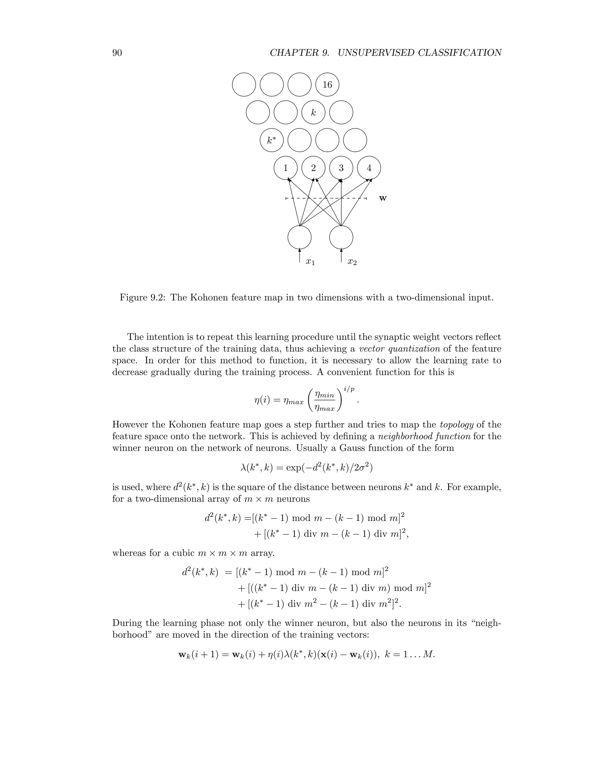 9.2. ALGORITHMS THAT MINIMIZE THE SIMPLE COST FUNCTION 83 The prior term tends to reduce the number of clusters and any class which has in the course of the algorithm nk = 0 is simply dropped from the calculation. (Condition (9.8) is thus relaxed.) Iteration of (9.18) and (9.19) continues until no signiﬁcant changes in the mk occur. The explicit choice of the number of clusters K is replaced by the necessity of choosing a value for the “meta-parameter” αE. This has the advantage that we can use one parameter for a wide variety of images and let the algorithm itself decide on the actual value of K in any given instance. 9.2.3 Agglomerative hierarchical clustering The agglomerative hierarchical clustering algorithm that we consider here is, as for K-means, based on the cost function (9.12), see [DH73]. It begins by assigning each pixel in the dataset to its own class or cluster. At this stage of course, the cost function E(C), Eq. (9.12), is zero. We write E(C) in the form E(C) = K k=1 Ek (9.20) where Ek is given by Ek = i∈Ck (xi − mk) (xi − mk). Every agglomeration of clusters to form a smaller number of clusters will increase E(C). We therefore seek a prescription for choosing two clusters for combination that will increase E(C) by the smallest amount possible. Suppose clusters k with nk members and with n members are merged, k , and the new cluster is labeled k. Then mk → nkmk + n m nk + n =: ¯m. Thus after the agglomeration, Ek changes to Ek = i∈Ck∪C (xi − ¯m) (xi − ¯m) and E disappears. The net change in E(C) is therefore, after some algebra, ∆(k, ) = i∈Ck∪C (xi − ¯m) (xi − ¯m) − i∈Ck (xi − mk) (xi − mk) − i∈C (xi − m ) (xi − m ) = nkn nk + n (mk − m ) (mk − m ). (9.21) The minimum increase in E(C) is achieved by combining those two clusters k and which minimize the above expression. Given two alternative candidate cluster pairs with simi- lar combined memberships nk + n and whose means have similar euclidean separations mk − m , this prescription obviously favors combining that pair with the larger discrep- ancy between nk and n . Thus similar-sized clusters are preserved and smaller clusters are absorbed by larger ones. 