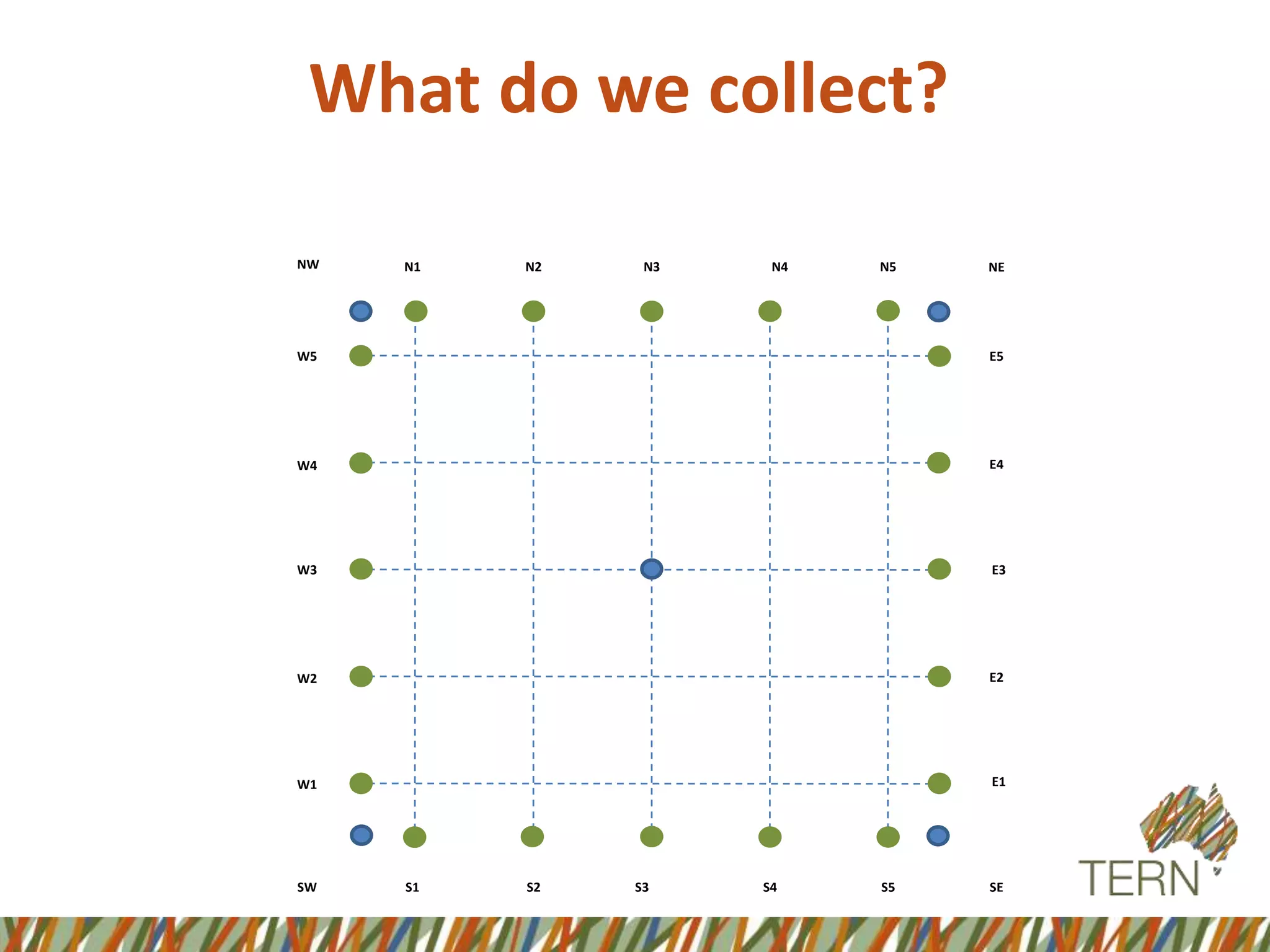 S1
NEN5N4N3N2N1NW
W5
W4
W3
W2
W1
SW S2 S3 S4 S5 SE
E1
E2
E3
E4
E5
What do we collect?
 