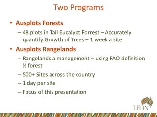 Two Programs
• Ausplots Forests
– 48 plots in Tall Eucalypt Forrest – Accurately
quantify Growth of Trees – 1 week a site
• Ausplots Rangelands
– Rangelands a management – using FAO definition
½ forest
– 500+ Sites across the country
– 1 day per site
– Focus of this presentation
 