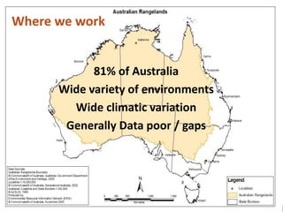 81% of Australia
Wide variety of environments
Wide climatic variation
Generally Data poor / gaps
Where we work
 