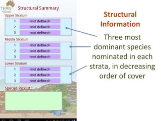 Three most
dominant species
nominated in each
strata, in decreasing
order of cover
Structural
Information
 
