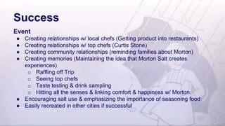Success
Event
● Creating relationships w/ local chefs (Getting product into restaurants)
● Creating relationships w/ top chefs (Curtis Stone)
● Creating community relationships (reminding families about Morton)
● Creating memories (Maintaining the idea that Morton Salt creates
experiences)
o Raffling off Trip
o Seeing top chefs
o Taste testing & drink sampling
o Hitting all the senses & linking comfort & happiness w/ Morton
● Encouraging salt use & emphasizing the importance of seasoning food
● Easily recreated in other cities if successful
 