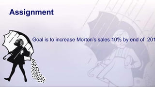 Assignment
Goal is to increase Morton’s sales 10% by end of 201
 