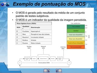 Exemplo de pontuação do MOS
• O MOS é gerado pelo resultado da média de um conjunto
padrão de testes subjetivos.
• O MOS é um indicador da qualidade da imagem percebida.
Mean Opinion Score (MOS)
MOS
Qualidad
e
Deterioração
5 Excelente Imperceptível
4 Bom Perceptível mas não irritante
3 Razoável Levemente irritante
2 Ruidoso Irritante
1 Pessimo Muito irritante
 