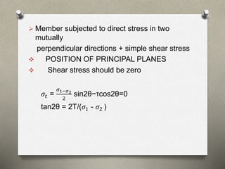  Member subjected to direct stress in two
mutually
perpendicular directions + simple shear stress
 POSITION OF PRINCIPAL PLANES
 Shear stress should be zero
𝜎𝑡 =
𝜎1−𝜎2
2
sin2θ−τcos2θ=0
tan2θ = 2T/(𝜎1 - 𝜎2 )
 