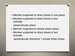  Member subjected to direct stress in one plane
 Member subjected to direct stress in two
mutually
perpendicular plane
 Member subjected to simple shear stress.
 Member subjected to direct stress in two
mutually
perpendicular directions + simple shear stress
 