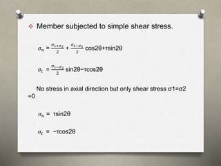  Member subjected to simple shear stress.
𝜎 𝑛 =
𝜎1+𝜎2
2
+
𝜎1−𝜎2
2
cos2θ+τsin2θ
𝜎𝑡 =
𝜎1−𝜎2
2
sin2θ−τcos2θ
No stress in axial direction but only shear stress σ1=σ2
=0
𝜎 𝑛 = τsin2θ
𝜎𝑡 = −τcos2θ
 