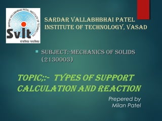Sardar Vallabhbhai Patel
inStitute Of technOlOgy, VaSad
 Subject:-MechanicS Of SOlidSSubject:-MechanicS Of SOlidS
(2130003)(2130003)
Prepered by
Milan Patel
 
