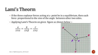 • If the three coplanar forces acting at a point be in a equilibrium, then each
force proportional to the sine of the angle between other two sides.
• Applying Lami’s Theorm on given figure as shown below :-
15$ɧⱤɘλ’ƶ P@TeL @ pshrey_98 #insta#
 