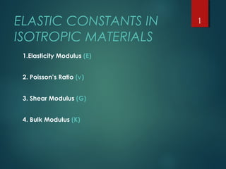ELASTIC CONSTANTS IN
ISOTROPIC MATERIALS
1.Elasticity Modulus (E)
2. Poisson’s Ratio (ν)
3. Shear Modulus (G)
4. Bulk Modulus (K)
1
 