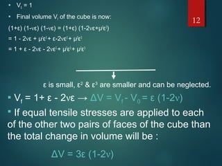  V0 = 1
 Final volume Vf of the cube is now:
(1+ε) (1-νε) (1-νε) = (1+ε) (1-2νε+μ2
ε2
)
= 1 - 2νε + μ2
ε2
+ ε-2νε2
+ μ2
ε3
= 1 + ε - 2νε - 2νε2
+ μ2
ε2
+ μ2
ε3
ε is small, ε2
& ε3
are smaller and can be neglected.
 Vf = 1+ ε - 2νε → ΔV = Vf - V0 = ε (1-2ν)
 If equal tensile stresses are applied to each
of the other two pairs of faces of the cube than
the total change in volume will be :
ΔV = 3ε (1-2ν)
12
 
