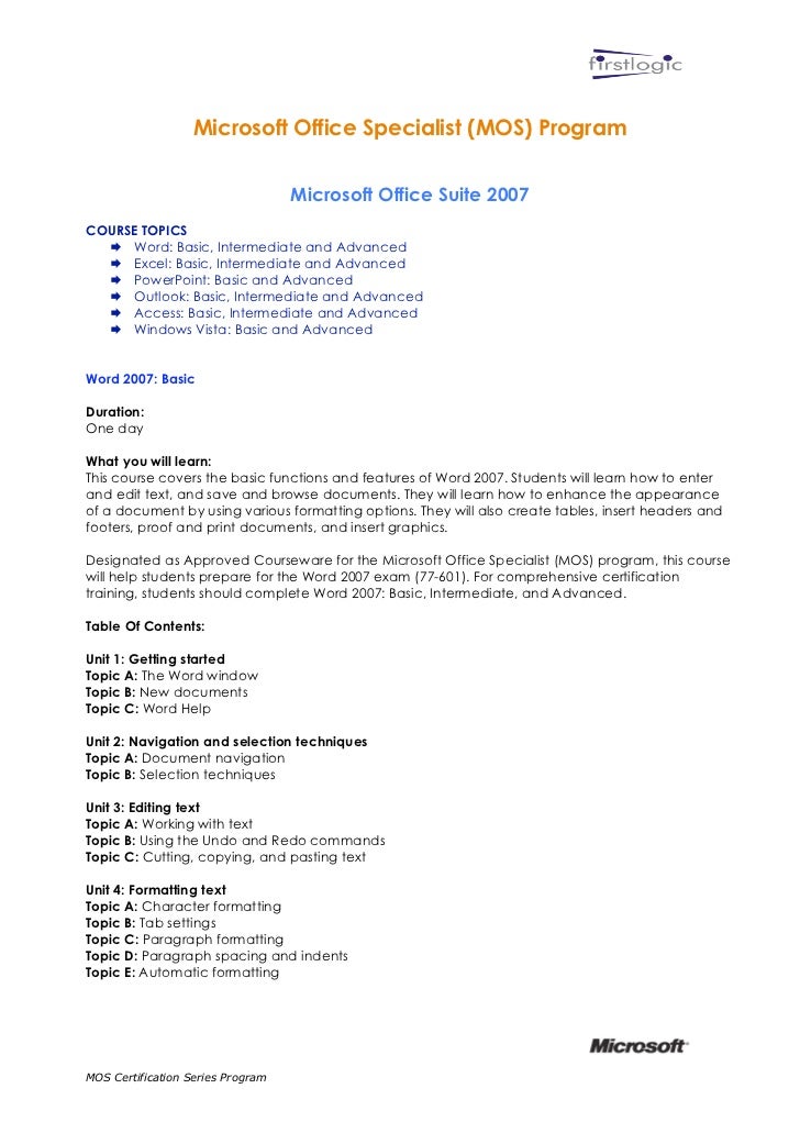 Microsoft Office Course Outline Microsoft Office Course Outline