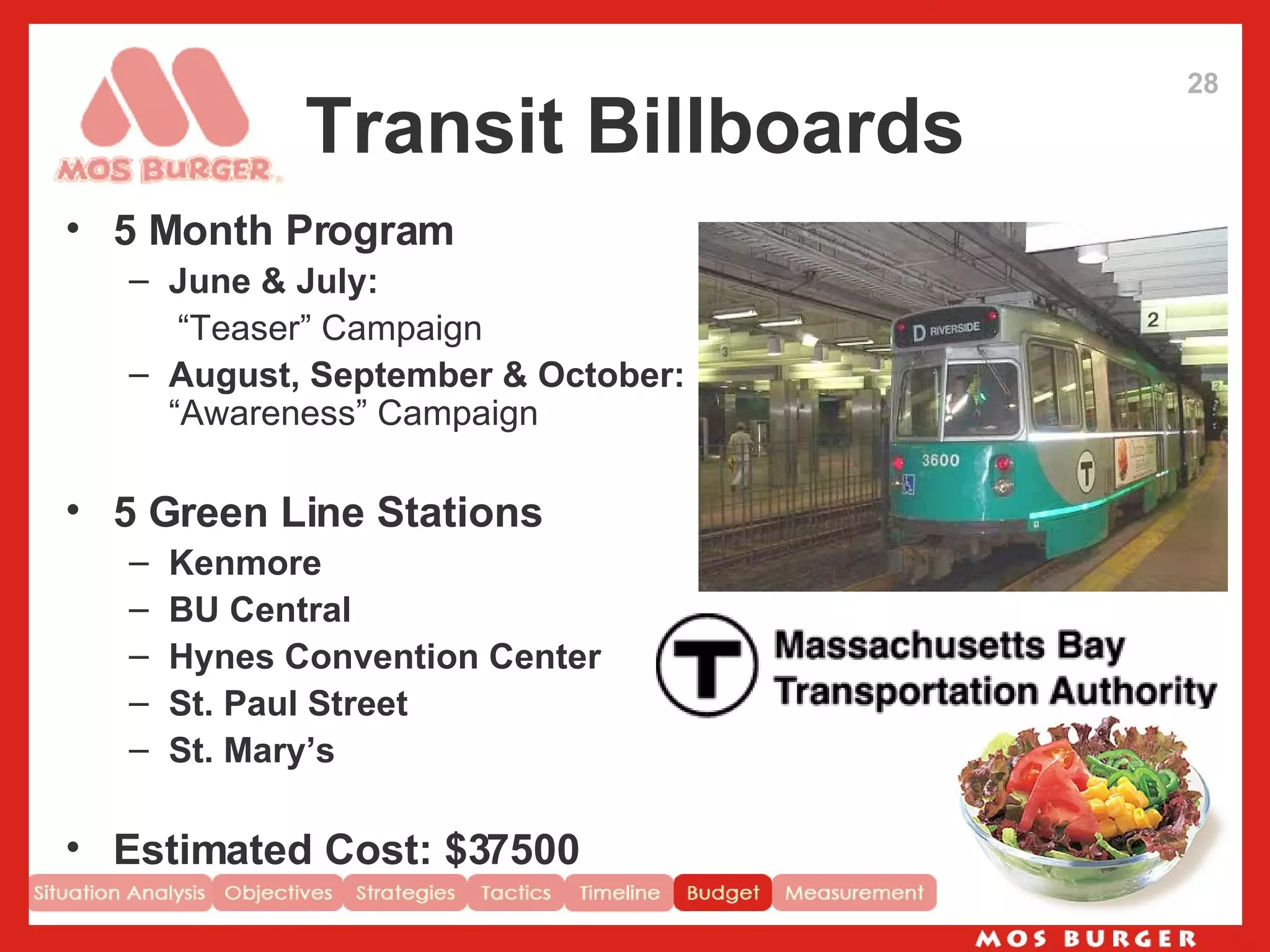 Transit Billboards 5 Month Program June & July:   “ Teaser” Campaign August, September & October:  “Awareness” Campaign 5 Green Line Stations Kenmore BU Central Hynes Convention Center St. Paul Street St. Mary’s Estimated Cost: $37500 28 