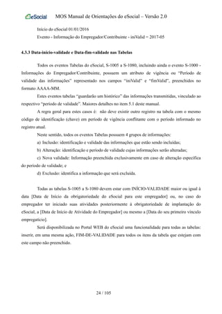 MOS Manual de Orientações do eSocial – Versão 2.0
Início do eSocial 01/01/2016
Evento - Informação do Empregador/Contribuinte - iniValid = 2017-05
4.3.3 Data-início-validade e Data-fim-validade nas Tabelas
Todos os eventos Tabelas do eSocial, S-1005 a S-1080, incluindo ainda o evento S-1000 -
Informações do Empregador/Contribuinte, possuem um atributo de vigência ou “Período de
validade das informações” representado nos campos “iniValid” e “fimValid”, preenchidos no
formato AAAA-MM.
Estes eventos tabelas “guardarão um histórico” das informações transmitidas, vinculado ao
respectivo “período de validade”. Maiores detalhes no item 5.1 deste manual.
A regra geral para estes casos é: não deve existir outro registro na tabela com o mesmo
código de identificação (chave) em período de vigência conflitante com o período informado no
registro atual.
Neste sentido, todos os eventos Tabelas possuem 4 grupos de informações:
a) Inclusão: identificação e validade das informações que estão sendo incluídas;
b) Alteração: identificação e período de validade cujas informações serão alteradas;
c) Nova validade: Informação preenchida exclusivamente em caso de alteração específica
do período de validade; e
d) Exclusão: identifica a informação que será excluída.
Todas as tabelas S-1005 a S-1080 devem estar com INÍCIO-VALIDADE maior ou igual à
data [Data de Início da obrigatoriedade do eSocial para este empregador] ou, no caso do
empregador ter iniciado suas atividades posteriormente à obrigatoriedade de implantação do
eSocial, a [Data de Início de Atividade do Empregador] ou mesmo a [Data do seu primeiro vínculo
empregatício].
Será disponibilizada no Portal WEB do eSocial uma funcionalidade para todas as tabelas:
inserir, em uma mesma ação, FIM-DE-VALIDADE para todos os itens da tabela que estejam com
este campo não preenchido.
24 / 105
 
