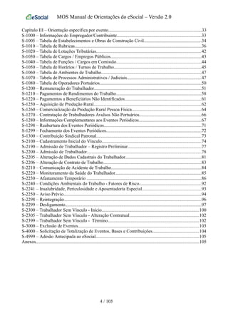 MOS Manual de Orientações do eSocial – Versão 2.0
Capítulo III – Orientação específica por evento.................................................................................33
S-1000 – Informações do Empregador/Contribuinte.........................................................................33
S-1005 – Tabela de Estabelecimentos e Obras de Construção Civil..................................................34
S-1010 – Tabela de Rubricas..............................................................................................................36
S-1020 – Tabela de Lotações Tributárias...........................................................................................42
S-1030 – Tabela de Cargos / Empregos Públicos...............................................................................43
S-1040 – Tabela de Funções / Cargos em Comissão..........................................................................44
S-1050 – Tabela de Horários / Turnos de Trabalho............................................................................45
S-1060 – Tabela de Ambientes de Trabalho.......................................................................................47
S-1070 – Tabela de Processos Administrativos / Judiciais................................................................47
S-1080 – Tabela de Operadores Portuários........................................................................................50
S-1200 – Remuneração do Trabalhador.............................................................................................51
S-1210 – Pagamentos de Rendimentos do Trabalho..........................................................................58
S-1220 – Pagamentos a Beneficiários Não Identificados..................................................................61
S-1250 – Aquisição de Produção Rural.............................................................................................62
S-1260 – Comercialização da Produção Rural Pessoa Física............................................................64
S-1270 – Contratação de Trabalhadores Avulsos Não Portuários......................................................66
S-1280 – Informações Complementares aos Eventos Periódicos......................................................67
S-1298 – Reabertura dos Eventos Periódicos.....................................................................................71
S-1299 – Fechamento dos Eventos Periódicos...................................................................................72
S-1300 – Contribuição Sindical Patronal...........................................................................................73
S-2100 – Cadastramento Inicial do Vínculo......................................................................................74
S-2190 – Admissão de Trabalhador – Registro Preliminar................................................................77
S-2200 – Admissão de Trabalhador...................................................................................................78
S-2205 – Alteração de Dados Cadastrais do Trabalhador..................................................................81
S-2206 – Alteração de Contrato de Trabalho.....................................................................................83
S-2210 – Comunicação de Acidente de Trabalho..............................................................................84
S-2220 – Monitoramento da Saúde do Trabalhador...........................................................................85
S-2230 – Afastamento Temporário ...................................................................................................86
S-2240 – Condições Ambientais do Trabalho - Fatores de Risco......................................................92
S-2241 – Insalubridade, Periculosidade e Aposentadoria Especial...................................................93
S-2250 – Aviso Prévio........................................................................................................................94
S-2298 – Reintegração.......................................................................................................................96
S-2299 – Desligamento......................................................................................................................97
S-2300 – Trabalhador Sem Vínculo - Início....................................................................................100
S-2305 – Trabalhador Sem Vínculo - Alteração Contratual............................................................102
S-2399 – Trabalhador Sem Vínculo - Término...............................................................................102
S-3000 – Exclusão de Eventos.........................................................................................................103
S-4000 – Solicitação de Totalização de Eventos, Bases e Contribuições........................................104
S-4999 – Adesão Antecipada ao eSocial..........................................................................................105
Anexos..............................................................................................................................................105
4 / 105
 