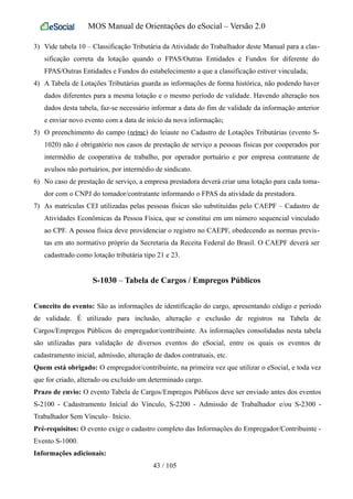 MOS Manual de Orientações do eSocial – Versão 2.0
3) Vide tabela 10 – Classificação Tributária da Atividade do Trabalhador deste Manual para a clas-
sificação correta da lotação quando o FPAS/Outras Entidades e Fundos for diferente do
FPAS/Outras Entidades e Fundos do estabelecimento a que a classificação estiver vinculada;
4) A Tabela de Lotações Tributárias guarda as informações de forma histórica, não podendo haver
dados diferentes para a mesma lotação e o mesmo período de validade. Havendo alteração nos
dados desta tabela, faz-se necessário informar a data do fim de validade da informação anterior
e enviar novo evento com a data de início da nova informação;
5) O preenchimento do campo (nrInsc) do leiaute no Cadastro de Lotações Tributárias (evento S-
1020) não é obrigatório nos casos de prestação de serviço a pessoas físicas por cooperados por
intermédio de cooperativa de trabalho, por operador portuário e por empresa contratante de
avulsos não portuários, por intermédio de sindicato.
6) No caso de prestação de serviço, a empresa prestadora deverá criar uma lotação para cada toma-
dor com o CNPJ do tomador/contratante informando o FPAS da atividade da prestadora.
7) As matrículas CEI utilizadas pelas pessoas físicas são substituídas pelo CAEPF – Cadastro de
Atividades Econômicas da Pessoa Física, que se constitui em um número sequencial vinculado
ao CPF. A pessoa física deve providenciar o registro no CAEPF, obedecendo as normas previs-
tas em ato normativo próprio da Secretaria da Receita Federal do Brasil. O CAEPF deverá ser
cadastrado como lotação tributária tipo 21 e 23.
S-1030 – Tabela de Cargos / Empregos Públicos
Conceito do evento: São as informações de identificação do cargo, apresentando código e período
de validade. É utilizado para inclusão, alteração e exclusão de registros na Tabela de
Cargos/Empregos Públicos do empregador/contribuinte. As informações consolidadas nesta tabela
são utilizadas para validação de diversos eventos do eSocial, entre os quais os eventos de
cadastramento inicial, admissão, alteração de dados contratuais, etc.
Quem está obrigado: O empregador/contribuinte, na primeira vez que utilizar o eSocial, e toda vez
que for criado, alterado ou excluído um determinado cargo.
Prazo de envio: O evento Tabela de Cargos/Empregos Públicos deve ser enviado antes dos eventos
S-2100 - Cadastramento Inicial do Vínculo, S-2200 - Admissão de Trabalhador e/ou S-2300 -
Trabalhador Sem Vínculo– Início.
Pré-requisitos: O evento exige o cadastro completo das Informações do Empregador/Contribuinte -
Evento S-1000.
Informações adicionais:
43 / 105
 