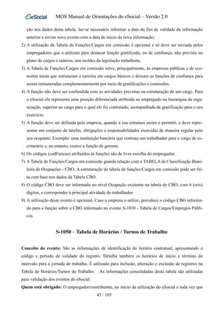 MOS Manual de Orientações do eSocial – Versão 2.0
ção nos dados desta tabela, faz-se necessário informar a data do fim de validade da informação
anterior e enviar novo evento com a data de início da nova informação;
2) A utilização da Tabela de Funções/Cargos em comissão é opcional e só deve ser enviada pelos
empregadores que a utilizam para destacar função gratificada, ou de confiança, não prevista no
plano de cargos e salários, nos moldes da legislação trabalhista.
3) A Tabela de Funções/Cargos em comissão serve, principalmente, às empresas públicas e de eco-
nomia mista que estruturam a carreira em cargos básicos e deixam as funções de confiança para
serem remuneradas complementarmente por meio de gratificações e comissões.
4) A função não deve ser confundida com as atividades previstas na estruturação de um cargo. Para
o eSocial ela representa uma posição diferenciada atribuída ao empregado na hierarquia da orga-
nização, superior ao cargo para o qual ele foi contratado, acompanhada de gratificação para o seu
exercício.
5) A função deve ser definida pela empresa, quando a sua estrutura assim o permitir, e deve repre-
sentar um conjunto de tarefas, obrigações e responsabilidades exercidas de maneira regular pelo
seu ocupante. Exemplo: uma instituição bancária que contrata um trabalhador para o cargo de es-
criturário e, no entanto, exerce a função de gerente.
6) Os códigos (codFuncao) atribuídos às funções são de livre escolha do empregador.
7) A Tabela de Funções/Cargos em comissão guarda relação com a TABELA de Classificação Brasi-
leira de Ocupações - CBO. A estruturação da tabela de funções/Cargos em comissão pode ser fei-
ta com base nos dados da Tabela CBO.
8) O código CBO deve ser informado no nível Ocupação existente na tabela de CBO, com 6 (seis)
dígitos, e corresponder à principal atividade do trabalhador.
9) A utilização deste evento é opcional. Caso a empresa o utilize, prevalece o código CBO informa-
do para a função sobre o CBO informado no evento S-1030 - Tabela de Cargos/Empregos Públi-
cos.
S-1050 – Tabela de Horários / Turnos de Trabalho
Conceito do evento: São as informações de identificação do horário contratual, apresentando o
código e período de validade do registro. Detalha também os horários de início e término do
intervalo para a jornada de trabalho. É utilizado para inclusão, alteração e exclusão de registros na
Tabela de Horários/Turnos de Trabalho. As informações consolidadas desta tabela são utilizadas
para validação dos eventos do eSocial.
Quem está obrigado: O empregador/contribuinte, no início da utilização do eSocial e toda vez que
45 / 105
 