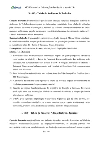 MOS Manual de Orientações do eSocial – Versão 2.0
S-1060 – Tabela de Ambientes de Trabalho
Conceito do evento: Evento utilizado para inclusão, alteração e exclusão de registros na tabela de
Ambientes de Trabalho do empregador. As informações consolidadas desta tabela são utilizadas
para validação do evento de Condições Ambientais do Trabalho. Devem ser informados na tabela
apenas os ambientes de trabalho que possuem exposição aos fatores de risco constantes na tabela 21
– Tabela de Fatores de Riscos Ambientais.
Quem está obrigado: O empregador, a cooperativa, o Órgão Gestor de Mão de Obra e o sindicato
de trabalhadores avulsos, sempre que houver ambientes em que estejam presentes os fatores de ris-
co elencados na tabela 21 – Tabela de Fatores de Riscos Ambientais.
Pré-requisitos: envio do evento S-1000 – Informações do Empregador/Contribuinte.
Informações adicionais:
1) Neste evento serão descritos todos os ambientes da empresa em que haja exposição a fatores de
risco previsto na tabela 21 – Tabela de Fatores de Riscos Ambientais. Tais ambientes serão
utilizados para o preenchimento dos eventos S-2240 – Condições Ambientais de Trabalho –
Fatores de Risco, no qual cada empregado será vinculado ao(s) ambiente(s) da empresa em que
exerce suas atividades.
2) Estas informações serão utilizadas para elaboração do Perfil Profissiográfico Previdenciário –
PPP do empregado.
3) A existência de ambientes com exposição a fatores de risco não implica necessariamente em
condições para concessão de aposentadoria especial.
4) Segundo as Normas Regulamentadoras do Ministério do Trabalho e Emprego, deve haver
atualização anual das informações relativas ao ambiente de trabalho e sempre que houver
alterações nos ambientes.
5) O EPC eficaz significa a implantação de dispositivo de proteção que, de forma coletiva, não
permitirá que nenhum trabalhador, em nenhum momento, esteja exposto, aos fatores de riscos
no trabalho, a valores acima dos limites de tolerância definidos e regulamentados.
S-1070 – Tabela de Processos Administrativos / Judiciais
Conceito do evento: evento utilizado para inclusão, alteração e exclusão de registros na Tabela de
Processos Administrativos/Judiciais do empregador/contribuinte, de entidade patronal com
representação coletiva, de trabalhador contra um dos órgãos governamentais envolvidos no projeto e
47 / 105
 