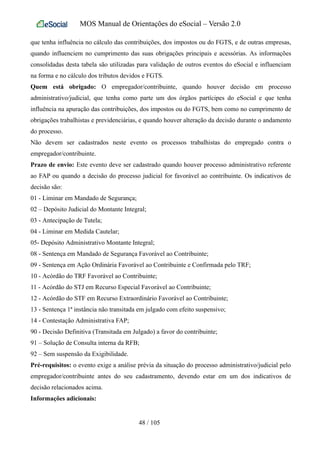 MOS Manual de Orientações do eSocial – Versão 2.0
que tenha influência no cálculo das contribuições, dos impostos ou do FGTS, e de outras empresas,
quando influenciem no cumprimento das suas obrigações principais e acessórias. As informações
consolidadas desta tabela são utilizadas para validação de outros eventos do eSocial e influenciam
na forma e no cálculo dos tributos devidos e FGTS.
Quem está obrigado: O empregador/contribuinte, quando houver decisão em processo
administrativo/judicial, que tenha como parte um dos órgãos partícipes do eSocial e que tenha
influência na apuração das contribuições, dos impostos ou do FGTS, bem como no cumprimento de
obrigações trabalhistas e previdenciárias, e quando houver alteração da decisão durante o andamento
do processo.
Não devem ser cadastrados neste evento os processos trabalhistas do empregado contra o
empregador/contribuinte.
Prazo de envio: Este evento deve ser cadastrado quando houver processo administrativo referente
ao FAP ou quando a decisão do processo judicial for favorável ao contribuinte. Os indicativos de
decisão são:
01 - Liminar em Mandado de Segurança;
02 – Depósito Judicial do Montante Integral;
03 - Antecipação de Tutela;
04 - Liminar em Medida Cautelar;
05- Depósito Administrativo Montante Integral;
08 - Sentença em Mandado de Segurança Favorável ao Contribuinte;
09 - Sentença em Ação Ordinária Favorável ao Contribuinte e Confirmada pelo TRF;
10 - Acórdão do TRF Favorável ao Contribuinte;
11 - Acórdão do STJ em Recurso Especial Favorável ao Contribuinte;
12 - Acórdão do STF em Recurso Extraordinário Favorável ao Contribuinte;
13 - Sentença 1ª instância não transitada em julgado com efeito suspensivo;
14 - Contestação Administrativa FAP;
90 - Decisão Definitiva (Transitada em Julgado) a favor do contribuinte;
91 – Solução de Consulta interna da RFB;
92 – Sem suspensão da Exigibilidade.
Pré-requisitos: o evento exige a análise prévia da situação do processo administrativo/judicial pelo
empregador/contribuinte antes do seu cadastramento, devendo estar em um dos indicativos de
decisão relacionados acima.
Informações adicionais:
48 / 105
 