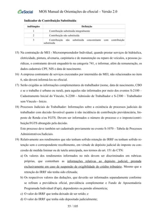 MOS Manual de Orientações do eSocial – Versão 2.0
Indicador de Contribuição Substituída:
indSimples Definição
1 Contribuição substituída integralmente
2 Contribuição não substituída
3 Contribuição não substituída concomitante com contribuição
substituída
15) Na contratação de MEI - Microempreendedor Individual, quando prestar serviços de hidráulica,
eletricidade, pintura, alvenaria, carpintaria e de manutenção ou reparo de veículos, a pessoas ju-
rídicas, o contratante deverá enquadrá-lo na categoria 741, e informar, além da remuneração, os
dados cadastrais CPF, NIS e data de nascimento.
16) A empresa contratante de serviços executados por intermédio do MEI, não relacionados no item
6, não deverá informá-los no eSocial.
17) Serão exigidas as informações complementares do trabalhador (nome, data de nascimento, CBO
e se o trabalho é urbano ou rural), para aqueles não informados por meio dos eventos S-2100 –
Cadastramento Inicial do Vínculo, S-2200 - Admissão de Trabalhador e S-2300 – Trabalhador
sem Vínculo - Início.
18) Processos Judiciais do Trabalhador: Informações sobre a existência de processos judiciais do
trabalhador com decisão favorável quanto à não incidência de contribuição previdenciária, Im-
posto de Renda e/ou FGTS. Devem ser informados o número do processo e o imposto/contri-
buição/FGTS abrangido pela decisão.
Este processo deve também ser cadastrado previamente no evento S-1070 – Tabela de Processos
Administrativos/Judiciais.
19) Relativamente aos rendimentos que não tenham sofrido retenção do IRRF ou tenham sofrido re-
tenção sem o correspondente recolhimento, em virtude de depósito judicial do imposto ou con-
cessão de medida liminar ou de tutela antecipada, nos termos do art. 151 do CTN:
a) Os valores dos rendimentos informados no mês devem ser discriminados em rubricas
próprias, que contenham as informações relativas ao depósito judicial, prestada
exclusivamente em caso de suspensão de exigibilidade do crédito tributário. Mesmo que a
retenção do IRRF não tenha sido efetuada;
b) Os respectivos valores das deduções, que deverão ser informados separadamente conforme
se refiram a previdência oficial, previdência complementar e Fundo de Aposentadoria
Programada Individual (Fapi), dependentes ou pensão alimentícia;
c) O valor do IRRF que tenha deixado de ser retido; e
d) O valor do IRRF que tenha sido depositado judicialmente;
55 / 105
 