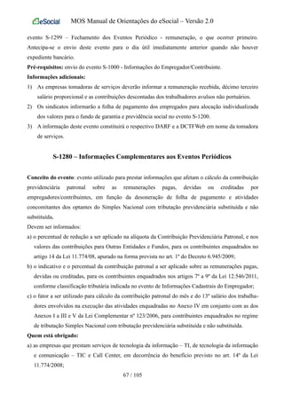 MOS Manual de Orientações do eSocial – Versão 2.0
evento S-1299 – Fechamento dos Eventos Periódico - remuneração, o que ocorrer primeiro.
Antecipa-se o envio deste evento para o dia útil imediatamente anterior quando não houver
expediente bancário.
Pré-requisitos: envio do evento S-1000 - Informações do Empregador/Contribuinte.
Informações adicionais:
1) As empresas tomadoras de serviços deverão informar a remuneração recebida, décimo terceiro
salário proporcional e as contribuições descontadas dos trabalhadores avulsos não portuários.
2) Os sindicatos informarão a folha de pagamento dos empregados para alocação individualizada
dos valores para o fundo de garantia e previdência social no evento S-1200.
3) A informação deste evento constituirá o respectivo DARF e a DCTFWeb em nome da tomadora
de serviços.
S-1280 – Informações Complementares aos Eventos Periódicos
Conceito do evento: evento utilizado para prestar informações que afetam o cálculo da contribuição
previdenciária patronal sobre as remunerações pagas, devidas ou creditadas por
empregadores/contribuintes, em função da desoneração de folha de pagamento e atividades
concomitantes dos optantes do Simples Nacional com tributação previdenciária substituída e não
substituída.
Devem ser informados:
a) o percentual de redução a ser aplicado na alíquota da Contribuição Previdenciária Patronal, e nos
valores das contribuições para Outras Entidades e Fundos, para os contribuintes enquadrados no
artigo 14 da Lei 11.774/08, apurado na forma prevista no art. 1º do Decreto 6.945/2009;
b) o indicativo e o percentual da contribuição patronal a ser aplicado sobre as remunerações pagas,
devidas ou creditadas, para os contribuintes enquadrados nos artigos 7º a 9º da Lei 12.546/2011,
conforme classificação tributária indicada no evento de Informações Cadastrais do Empregador;
c) o fator a ser utilizado para cálculo da contribuição patronal do mês e do 13º salário dos trabalha-
dores envolvidos na execução das atividades enquadradas no Anexo IV em conjunto com as dos
Anexos I a III e V da Lei Complementar nº 123/2006, para contribuintes enquadrados no regime
de tributação Simples Nacional com tributação previdenciária substituída e não substituída.
Quem está obrigado:
a) as empresas que prestam serviços de tecnologia da informação – TI, de tecnologia da informação
e comunicação – TIC e Call Center, em decorrência do benefício previsto no art. 14º da Lei
11.774/2008;
67 / 105
 