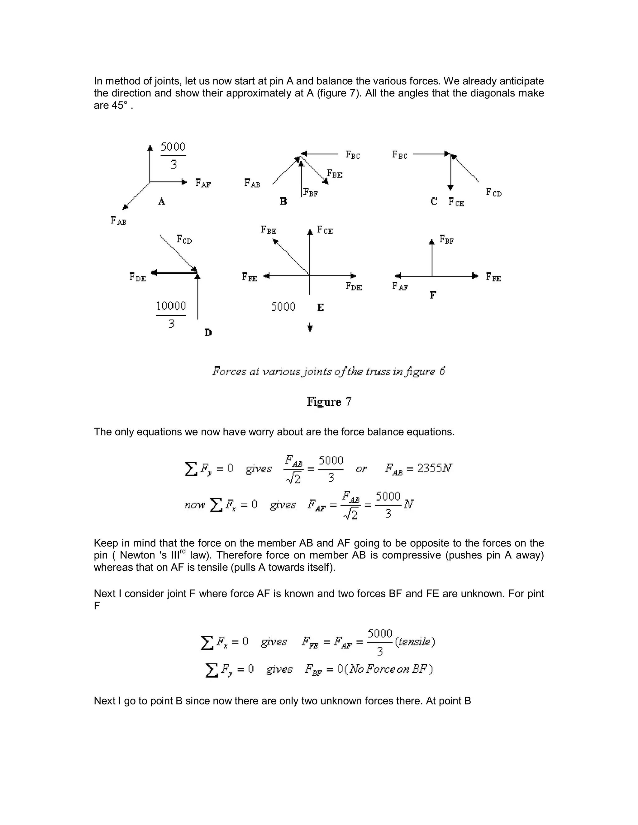 In method of joints, let us now start at pin A and balance the various forces. We already anticipate
the direction and show their approximately at A (figure 7). All the angles that the diagonals make
are 45° .
The only equations we now have worry about are the force balance equations.
Keep in mind that the force on the member AB and AF going to be opposite to the forces on the
pin ( Newton 's III
rd
law). Therefore force on member AB is compressive (pushes pin A away)
whereas that on AF is tensile (pulls A towards itself).
Next I consider joint F where force AF is known and two forces BF and FE are unknown. For pint
F
Next I go to point B since now there are only two unknown forces there. At point B
 