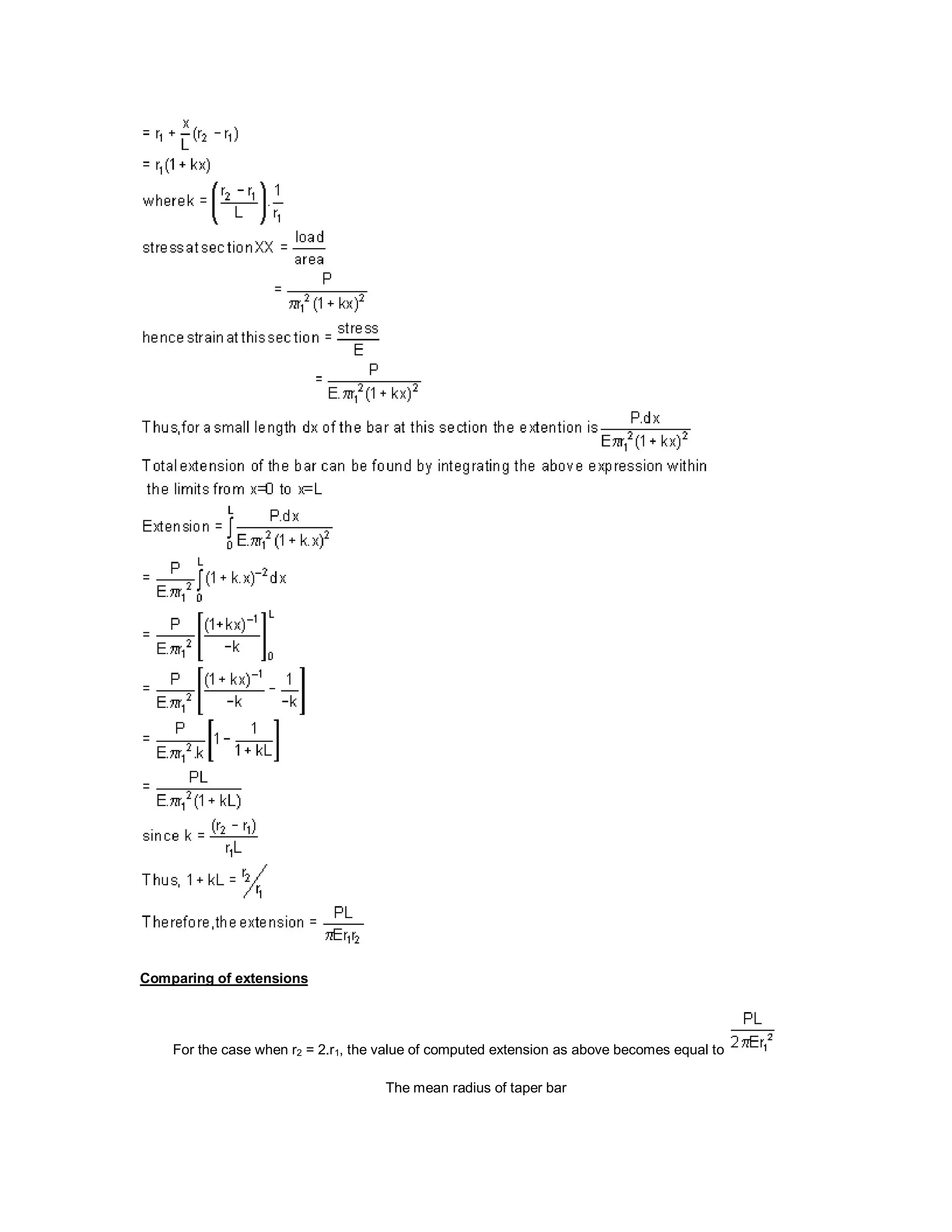 Comparing of extensions
For the case when r2 = 2.r1, the value of computed extension as above becomes equal to
The mean radius of taper bar
 
