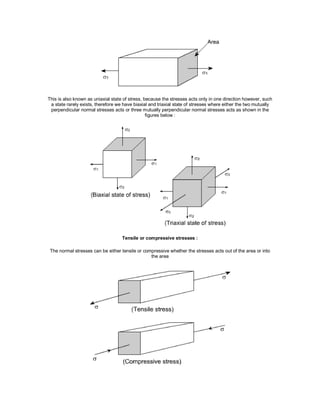 This is also known as uniaxial state of stress, because the stresses acts only in one direction however, such
a state rarely exists, therefore we have biaxial and triaxial state of stresses where either the two mutually
perpendicular normal stresses acts or three mutually perpendicular normal stresses acts as shown in the
figures below :
Tensile or compressive stresses :
The normal stresses can be either tensile or compressive whether the stresses acts out of the area or into
the area
 