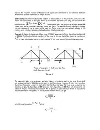 provide the required number of forces for all equilibrium conditions to be satisfied. Statically
determinate trusses are known as simple trusses.
Method of joints: In method of joints, we look at the equilibrium of the pin at the joints. Since the
forces are concurrent at the pin, there is no moment equation and only two equations for
equilibrium viz. . Therefore we start our analysis at a point where one
known load and at most two unknown forces are there. The weight of each member is divided
into two halves and that is supported by each pin. To an extent, we have already alluded to this
method while introducing trusses. Let us illustrate it by two examples.
Example 1: As the first example, I take truss ABCDEF as shown in figure 6 and load it at point E
by 5000N. The length of small members of the truss is 4m and that of the diagonal members is
m. I will now find the forces in each member of this truss assuming them to be weightless.
We take each point to be a pin joint and start balancing forces on each of the pins. Since pin E
has an external load of 5000N one may want to start from there. However, E point has more than
2 unknown forces so we cannot start at E. We therefore first treat the truss as a whole and find
reactions of ground at points A and D because then at points A and D their will remain only two
unknown forces. The horizontal reaction Nx at point A is zero because there is no external
horizontal force on the system. To find N2 I take moment about A to get
which through equation gives
 