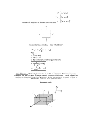 Hence the set of equation as described earlier reduces to
Hence a strain can exist without a stress in that direction
Hydrostatic stress : The term Hydrostatic stress is used to describe a state of tensile or compressive
stress equal in all directions within or external to a body. Hydrostatic stress causes a change in volume of a
material, which if expressed per unit of original volume gives a volumetric strain denoted byv. So let us
determine the expression for the volumetric strain.
Volumetric Strain:
 