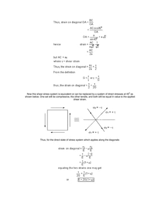 Now this shear stress system is equivalent or can be replaced by a system of direct stresses at 450
as
shown below. One set will be compressive, the other tensile, and both will be equal in value to the applied
shear strain.
Thus, for the direct state of stress system which applies along the diagonals:
 
