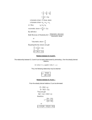 Relation between E, G and K :
The relationship between E, G and K can be easily determained by eliminating  from the already derived
relations
E = 2 G ( 1 +  ) and E = 3 K ( 1   )
Thus, the following relationship may be obtained
Relation between E, K and  :
From the already derived relations, E can be eliminated
 