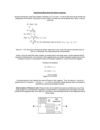 Engineering Brief about the elastic constants :
We have introduced a total of four elastic constants i.e E, G, K and . It may be seen that not all of these are
independent of the others. Infact given any two of them, the other two can be determined. Futher, it may be
noted that
hence if  = 0.5, the value of K becomes infinite, rather than a zero value of E and the volumetric strain is
zero or in otherwords, the material becomes incompressible
Futher, it may be noted that under condition of simple tension and simple shear, all real materials tend to
experience displacements in the directions of the applied forces and Under hydrostatic loading they tend to
increase in volume. In otherwords the value of the elastic constants E, G and K cannot be negative
Therefore, the relations
E = 2 G ( 1 +  )
E = 3 K ( 1   )
Yields
In actual practice no real material has value of Poisson's ratio negative . Thus, the value of  cannot be
greater than 0.5, if however   0.5 than v = ve, which is physically unlikely because when the material is
stretched its volume would always increase.
Determination of Poisson's ratio: Poisson's ratio can be determined easily by simultaneous use of two
strain gauges on a test specimen subjected to uniaxial tensile or compressive load. One gage is mounted
parallel to the longitudnal axis of the specimen and other is mounted perpendicular to the longitudnal axis as
shown below:
 