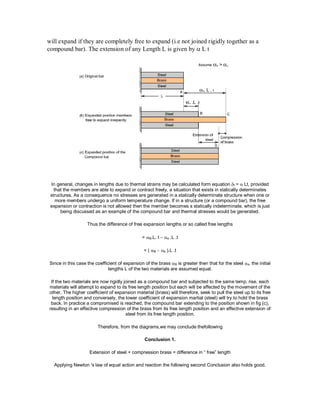 will expand if they are completely free to expand (i.e not joined rigidly together as a
compound bar). The extension of any Length L is given by  L t
In general, changes in lengths due to thermal strains may be calculated form equation t =  Lt, provided
that the members are able to expand or contract freely, a situation that exists in statically determinates
structures. As a consequence no stresses are generated in a statically determinate structure when one or
more members undergo a uniform temperature change. If in a structure (or a compound bar), the free
expansion or contraction is not allowed then the member becomes s statically indeterminate, which is just
being discussed as an example of the compound bar and thermal stresses would be generated.
Thus the difference of free expansion lengths or so called free lengths
= B.L. t  s .L .t
= ( B s ).L .t
Since in this case the coefficient of expansion of the brass B is greater then that for the steel s. the initial
lengths L of the two materials are assumed equal.
If the two materials are now rigidly joined as a compound bar and subjected to the same temp. rise, each
materials will attempt to expand to its free length position but each will be affected by the movement of the
other. The higher coefficient of expansion material (brass) will therefore, seek to pull the steel up to its free
length position and conversely, the lower coefficient of expansion martial (steel) will try to hold the brass
back. In practice a compromised is reached, the compound bar extending to the position shown in fig (c),
resulting in an effective compression of the brass from its free length position and an effective extension of
steel from its free length position.
Therefore, from the diagrams,we may conclude thefollowing
Conclusion 1.
Extension of steel + compression brass = difference in “ free” length
Applying Newton 's law of equal action and reaction the following second Conclusion also holds good.
 
