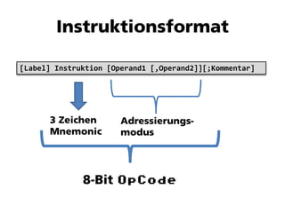 [Label] Instruktion [Operand1 [,Operand2]][;Kommentar]




                      OpCode
 