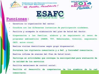 Funciones: 
• Garantiza la organización del sector. 
• Coordina con las diferentes instancias de participación ciudadana. 
• Facilita y acompaña la elaboración del plan de Salud del Sector. 
• Dispensariza a las familias, elabora y da seguimiento el censo de 
programas emblemáticos (PAMOR, TCV, Embarazadas, Crónicos, seguimiento 
CACU, entre otros) 
• Realiza visitas domiciliares según grupo dispensarial. 
• Fortalece las vigilancia comunitaria y a Ref. y ContraRef comunitaria. 
• Realiza informe de avances del Plan de Salud Local. 
• Participa en actividades que convoque la municipalidad para evaluación de 
la calidad de los servicios. 
• Facilita mecanismos de control social. 
• Facilita el desarrollo de competencias de los miembros de la red 
comunitaria. 
 