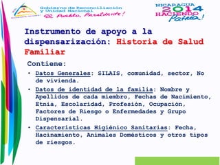 Instrumento de apoyo a la 
dispensarización: Historia de Salud 
Familiar 
Contiene: 
• Datos Generales: SILAIS, comunidad, sector, No 
de vivienda. 
• Datos de identidad de la familia: Nombre y 
Apellidos de cada miembro, Fechas de Nacimiento, 
Etnia, Escolaridad, Profesión, Ocupación, 
Factores de Riesgo o Enfermedades y Grupo 
Dispensarial. 
• Características Higiénico Sanitarias: Fecha, 
Hacinamiento, Animales Domésticos y otros tipos 
de riesgos. 
 