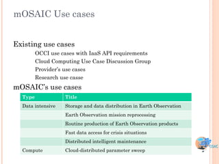 mOSAIC Use cases


Existing use cases
         OCCI use cases with IaaS API requirements
         Cloud Computing Use Case Discussion Group
         Provider‟s use cases
         Research use casse
mOSAIC‟s use cases
  Type             Title
  Data intensive   Storage and data distribution in Earth Observation
                   Earth Observation mission reprocessing
                   Routine production of Earth Observation products
                   Fast data access for crisis situations
                   Distributed intelligent maintenance
  Compute          Cloud-distributed parameter sweep
 