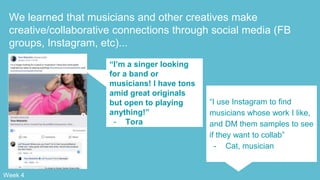 We learned that musicians and other creatives make
creative/collaborative connections through social media (FB
groups, Instagram, etc)...
“I use Instagram to find
musicians whose work I like,
and DM them samples to see
if they want to collab”
- Cat, musician
“I’m a singer looking
for a band or
musicians! I have tons
amid great originals
but open to playing
anything!”
- Tora
Week 4
 