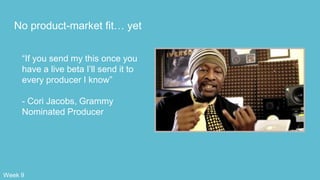 No product-market fit… yet
“If you send my this once you
have a live beta I’ll send it to
every producer I know”
- Cori Jacobs, Grammy
Nominated Producer
Week 9
 